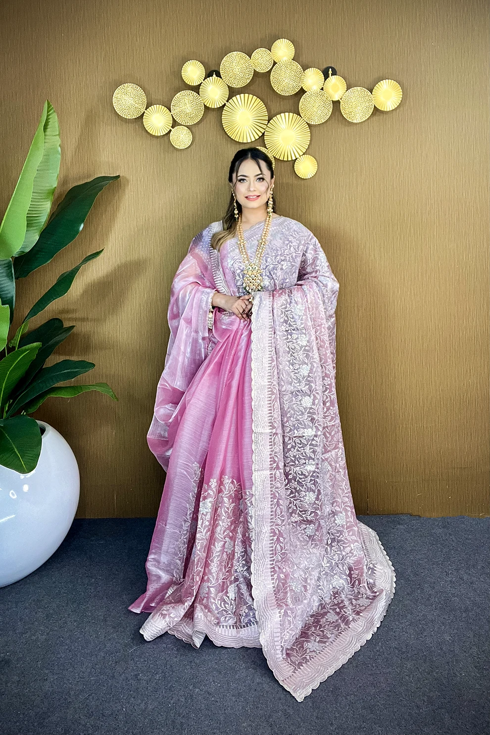 Powder Pink Silver Grace – Premium High Grade Stone Saree ✨